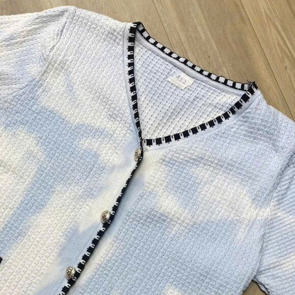 V Neck Short Sleeve Tweed Cardigan with Striped Trim - Picture 2 of 4